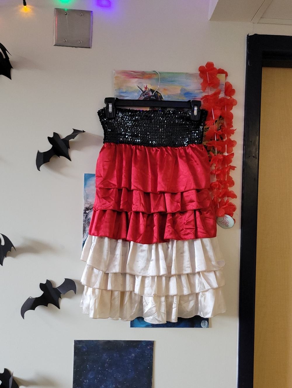 Tiered Red and Cream Mini Dress with Sequin Bodice